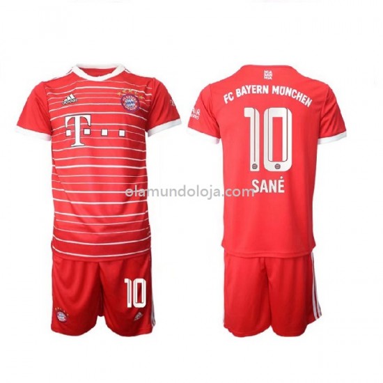 Camisola Bayern de Munique Sane 10 Criança Equipamento Primeiro 2022-2023 Manga Corta